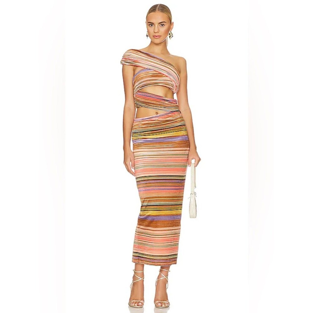 Ronny Kobo Corzo Rainbow Multi Stripe Cutout Bodycon Dress Size Large